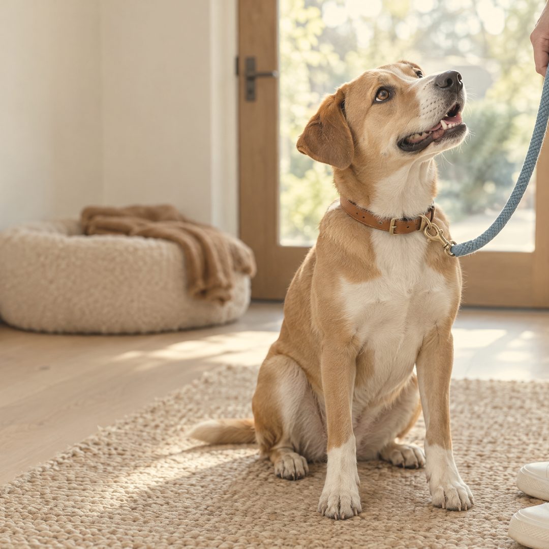 A dog sitting by the front door, lead clipped on, ready for a walk