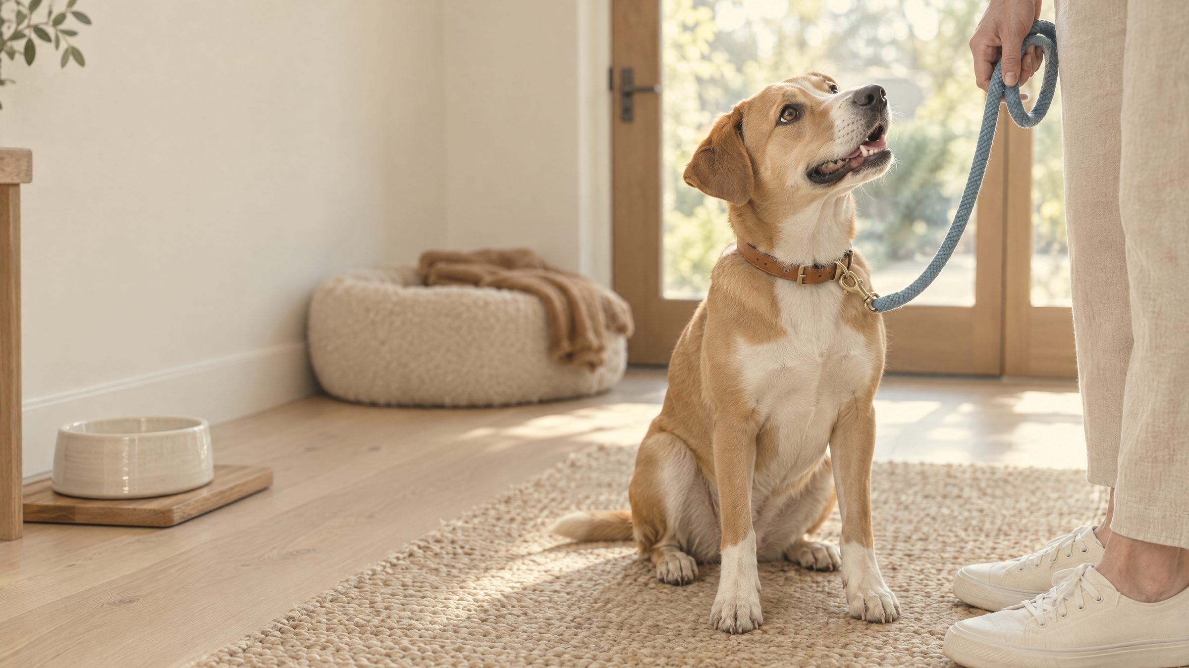 A dog sitting by the front door, lead clipped on, ready for a walk