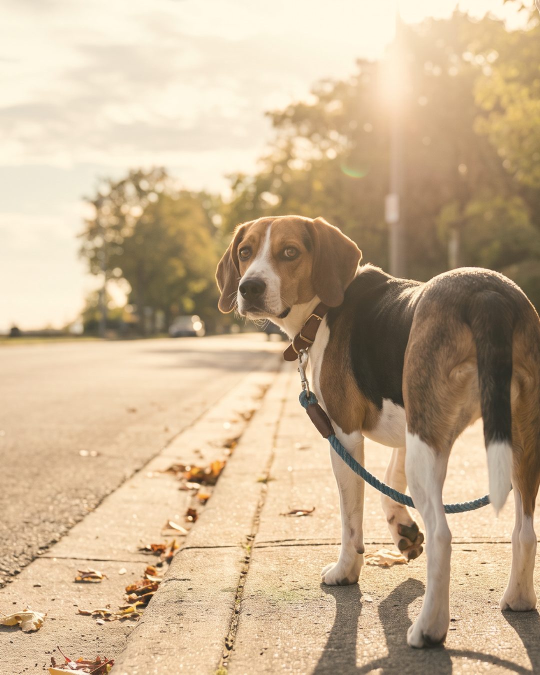 A beagle on a blue rope lead on an evening walk, seen from its eye level