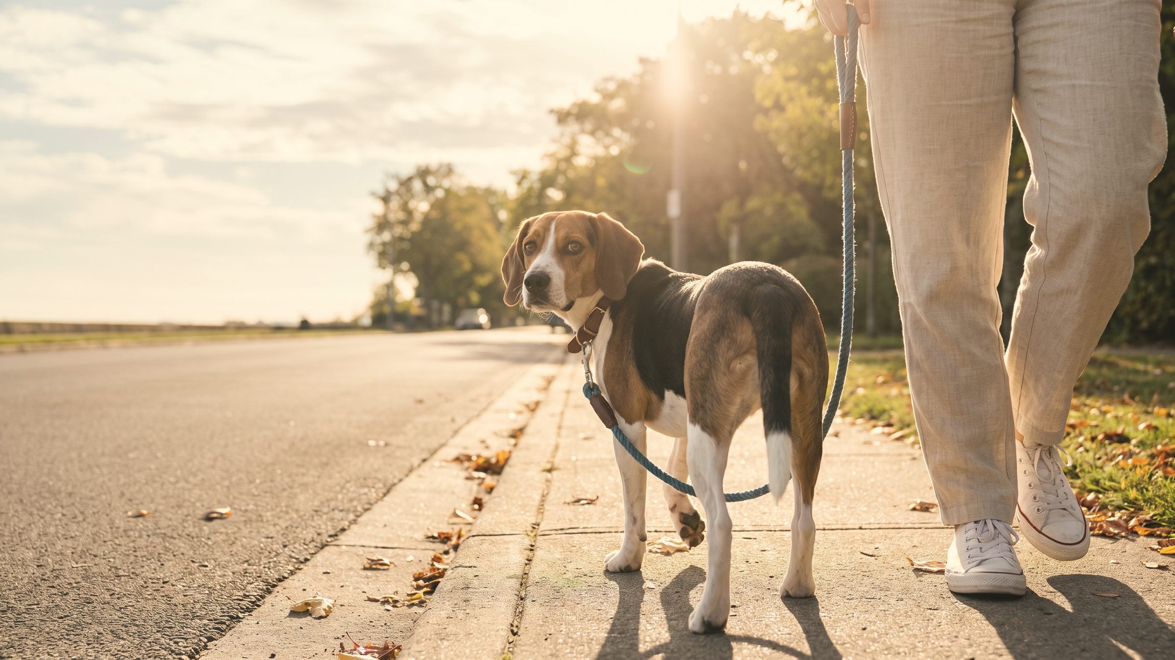 A beagle on a blue rope lead on an evening walk, seen from its eye level